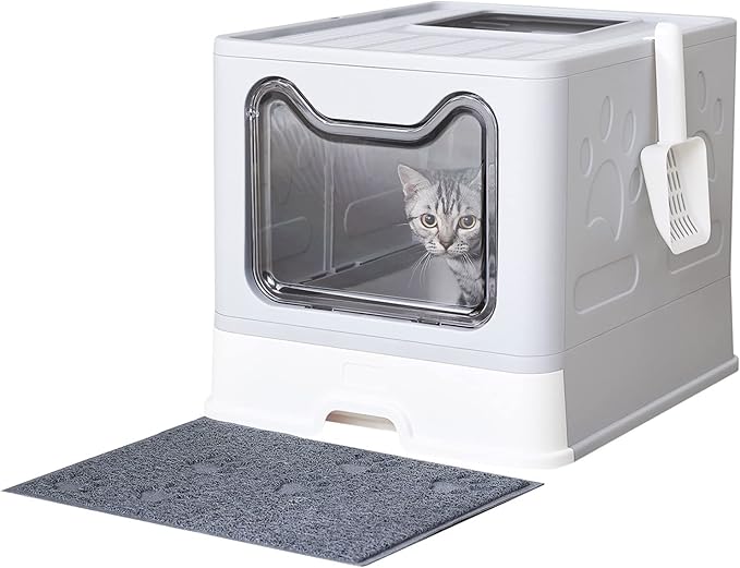 Foldable Cat Litter Box with Mat & Scoop – Grey